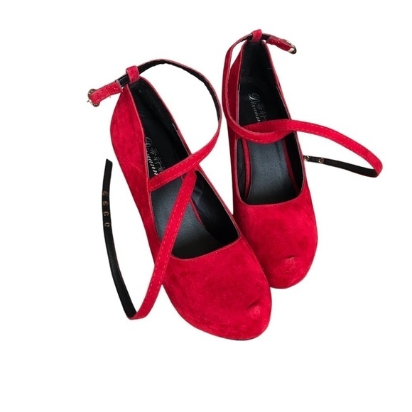 Red velvet platform heels sz 8.5 ankle Strappy stiletto Sexy MWOT valentines day - Picture 8 of 14